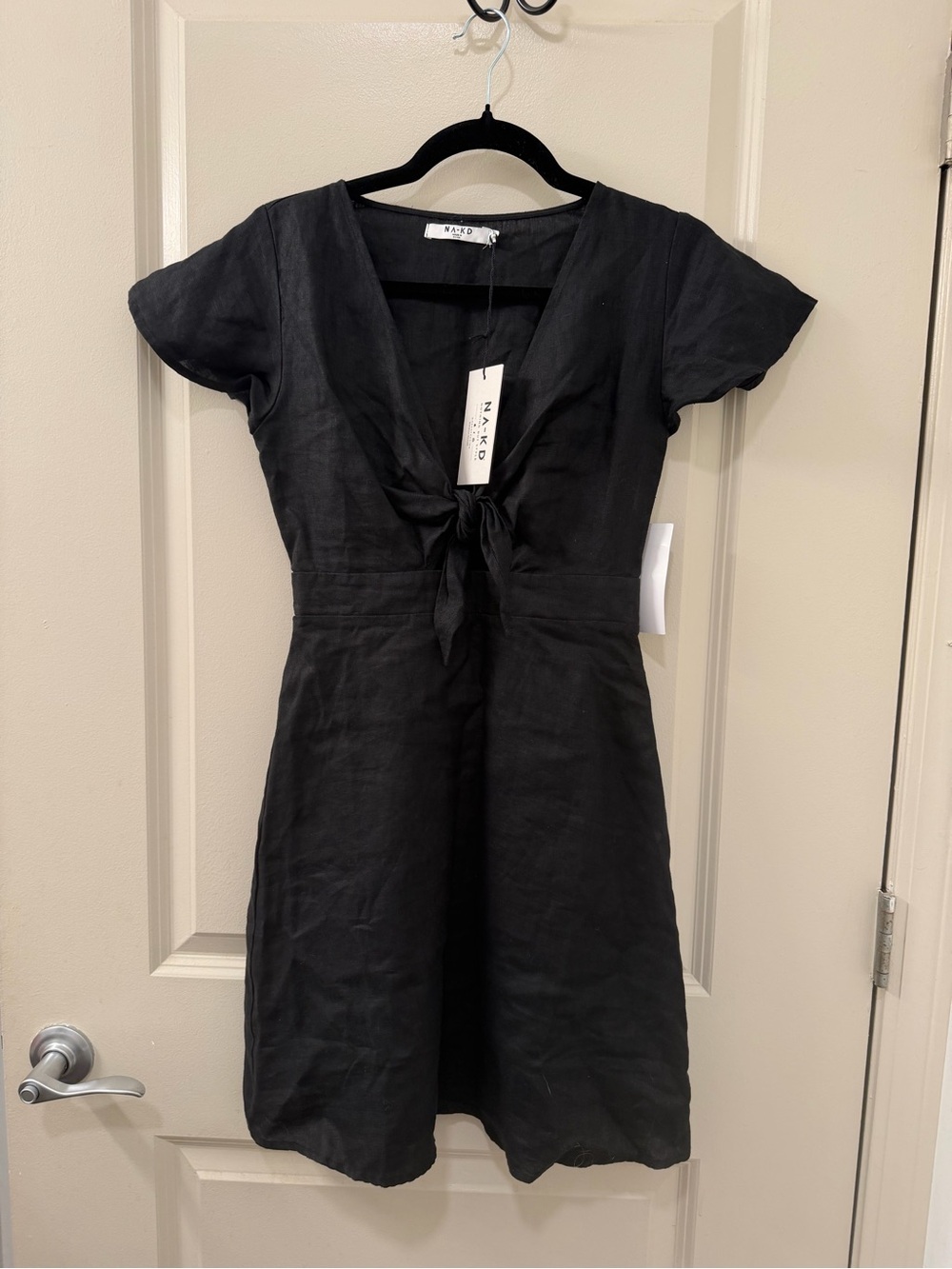 NA-KD Black Tie-Front Linen Mini Dress NWT